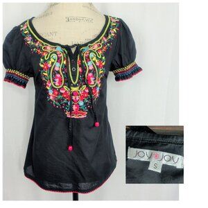 JoyJoy Peasant Top Small Embroidered Black Floral